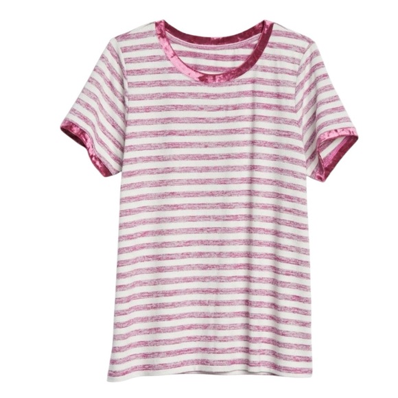 !SOLD! GAP Striped Red White Women's Top Short Sleeve Velvet Trims Stretch Wool - Picture 2 of 3